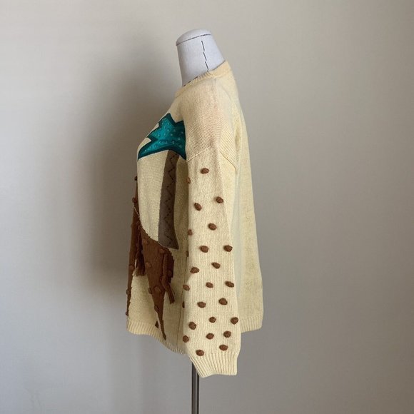 Vintage 80s Cervelle Giraffe Africa Safari Pom Pom Palm Tree Novelty Sweater M - Picture 6 of 10